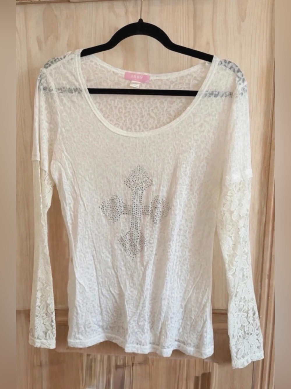 White Lace-Sleeve Scoop Neck Top with Rhinestone Cross